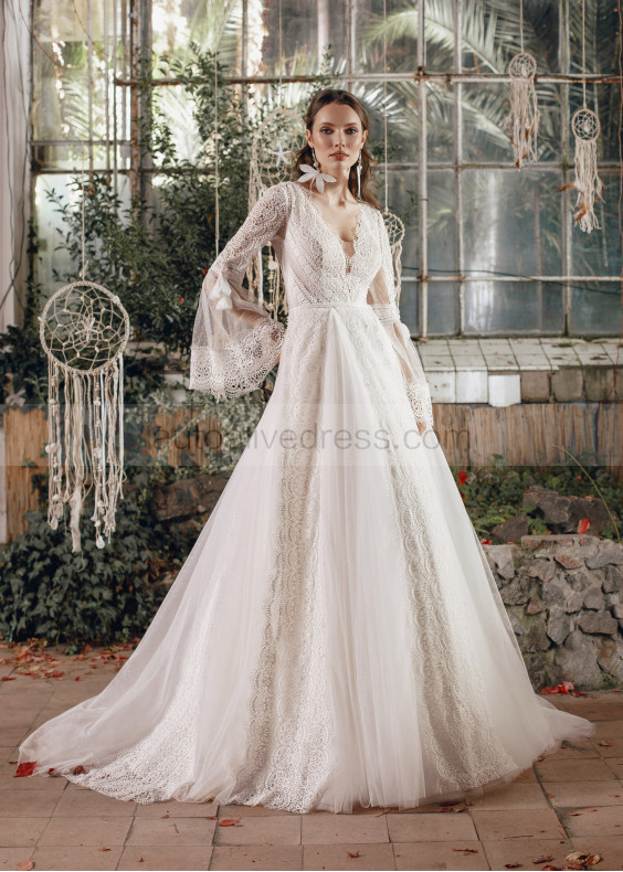 Bell Sleeves Ivory Lace Tulle Boho Wedding Dress